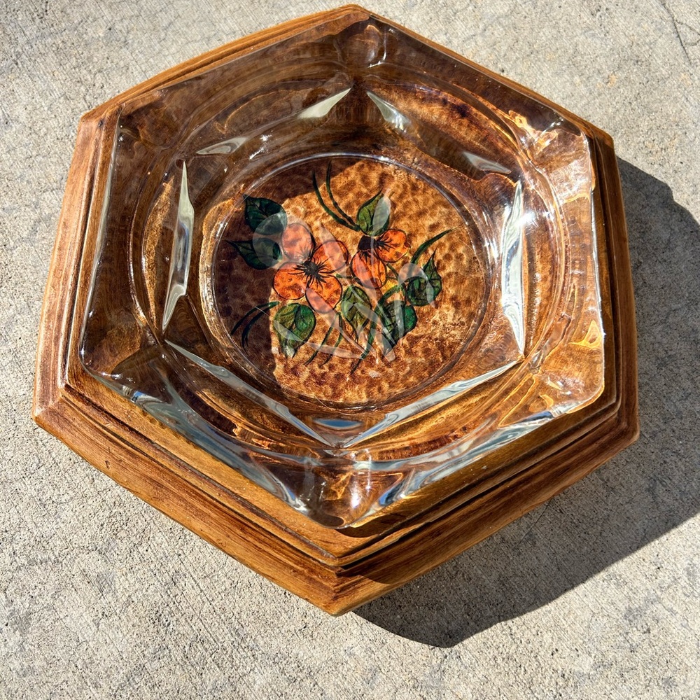 Hexagonal Glass Ashtray with Floral Design